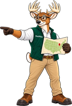 The ShedAtlas deer mascot points at the signpost